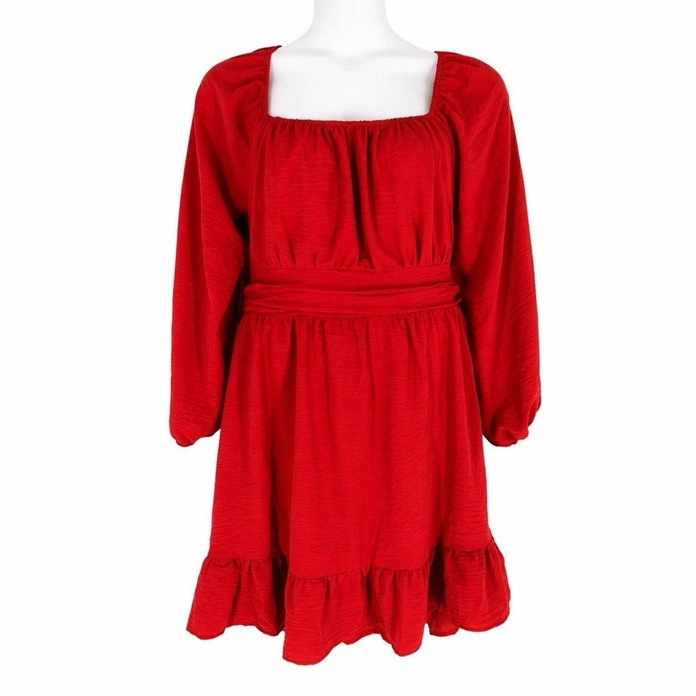 Boho Red Cutout Tie Front Dress 2XL Lined Textured Ruffle Hem Vacation Resort